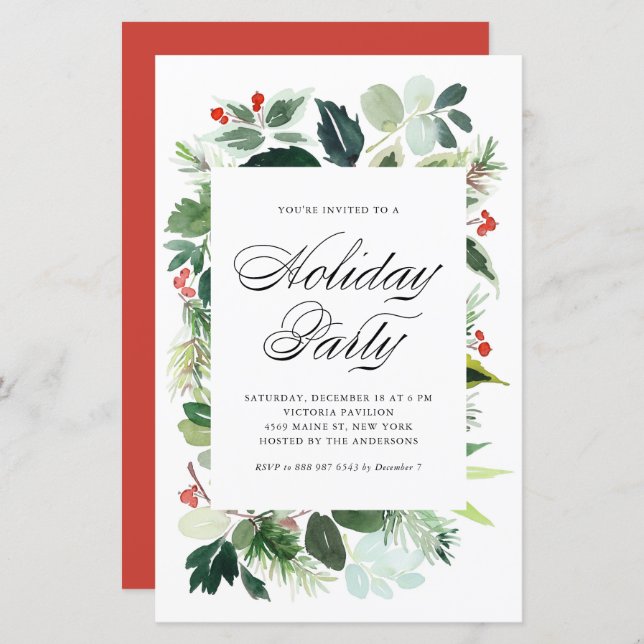 Aquarelle Holly Greenery Fête Invitation (Devant / Derrière)
