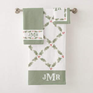 Aquarelle Holly Monogramme Noël Rouge Vert