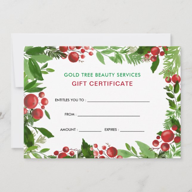 Aquarelle Holly Red Berries | Certificat cadeau (Devant)
