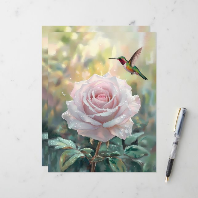 Aquarelle Hummingbird Rose papier à gratte-ciel (Devant/Arrière en situation)
