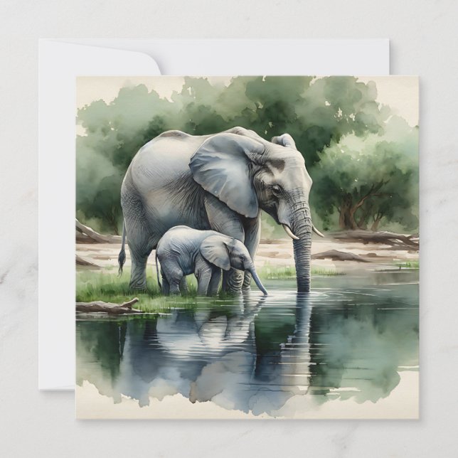 Aquarelle Illustration de maman et bébé éléphant (Devant)