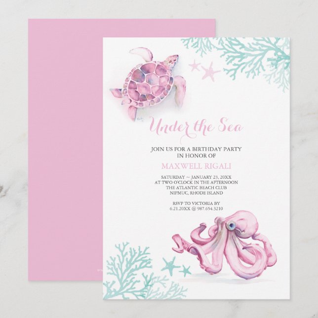 Aquarelle Invitation d'anniversaire sous la mer (Devant / Derrière)