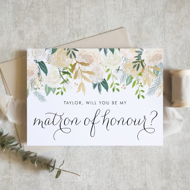 Aquarelle ivoire Floral Garland Matron d'honneur (Floral matron of honour proposal card with ivory flowers, greenery, and faux gold foil accent.)