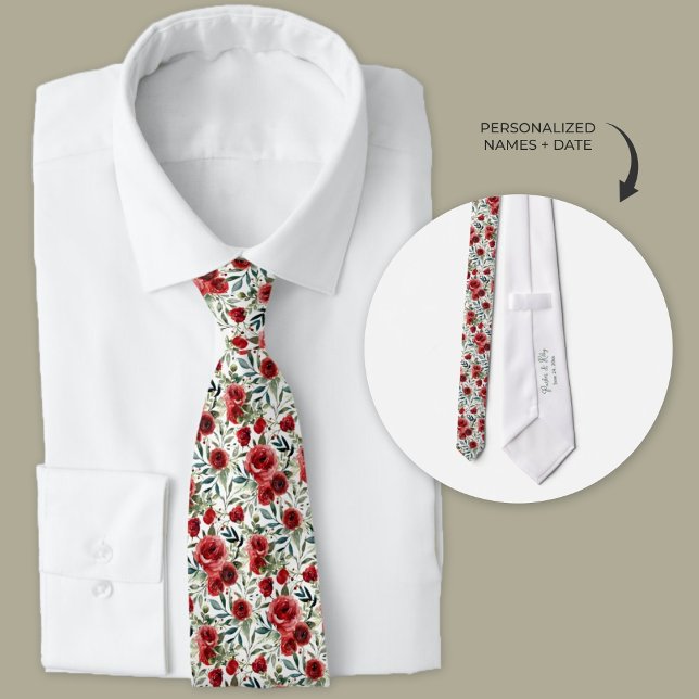 Aquarelle Jardin Roses Groomsmans Cravate (Personalized watercolor neckties with red rose wedding theme.)