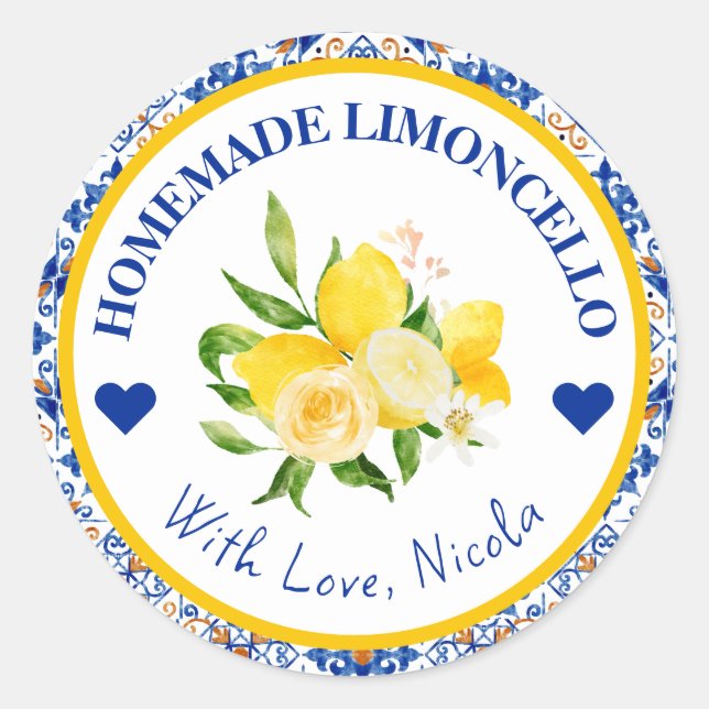 Aquarelle Jaune et Bleu étiquette de Limoncello fa (Devant)