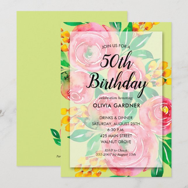 Aquarelle jaune rose chaud vibrant Invitations flo (Devant / Derrière)