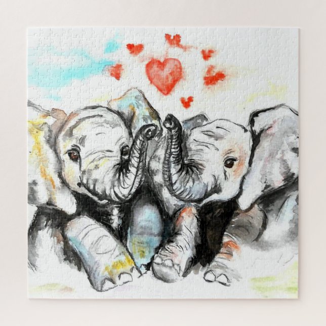 Aquarelle Jigsaw Puzzle Eléphants Couple Love (Vertical)