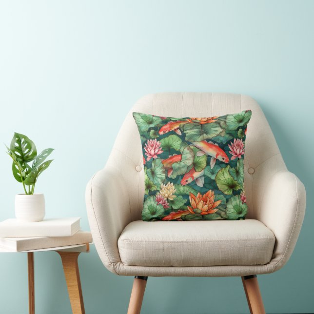 Aquarelle Koi et nymphes d'eau Jeter Oreiller (Chaise)