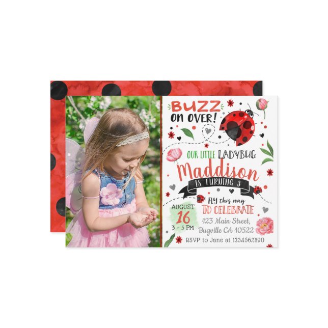 Aquarelle Ladybug Invitation d'anniversaire avec p (Devant/Arrière en situation)