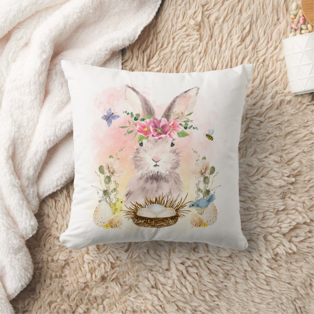 Aquarelle Lapin Floral Lapin Jeter Oreiller (Couverture)
