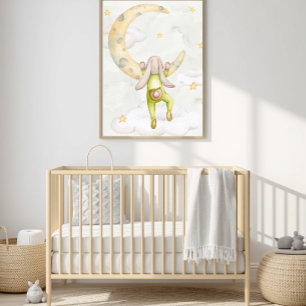 Aquarelle Lapin Grimpant sur la Lune Décoration de