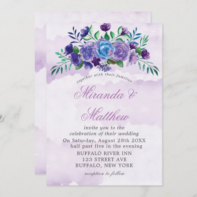 Aquarelle Lavande Floral Mariage Invitations (Devant / Derrière)