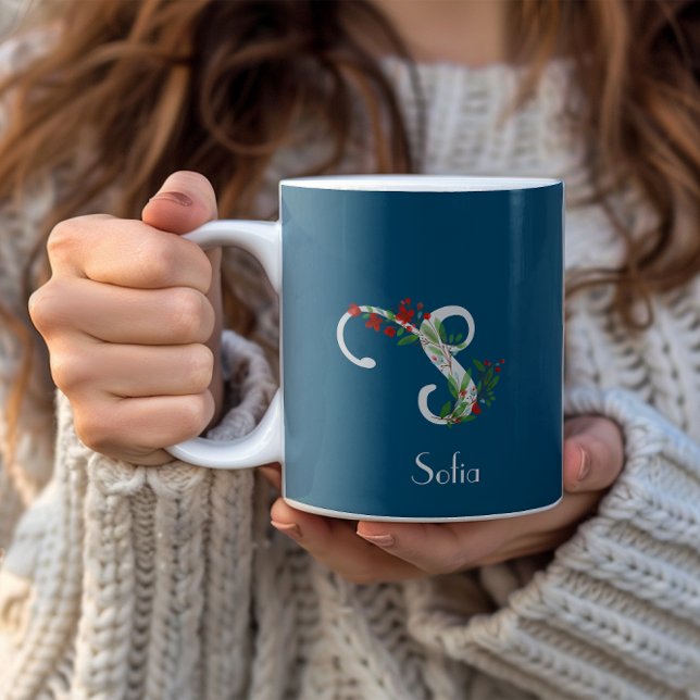 Aquarelle lettre fleur sauvage tasse de café bleu (Créateur téléchargé)