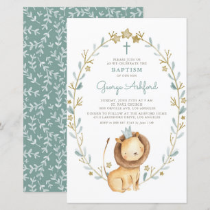 Aquarelle Lion Prince Baby Boy Baptism Invitation