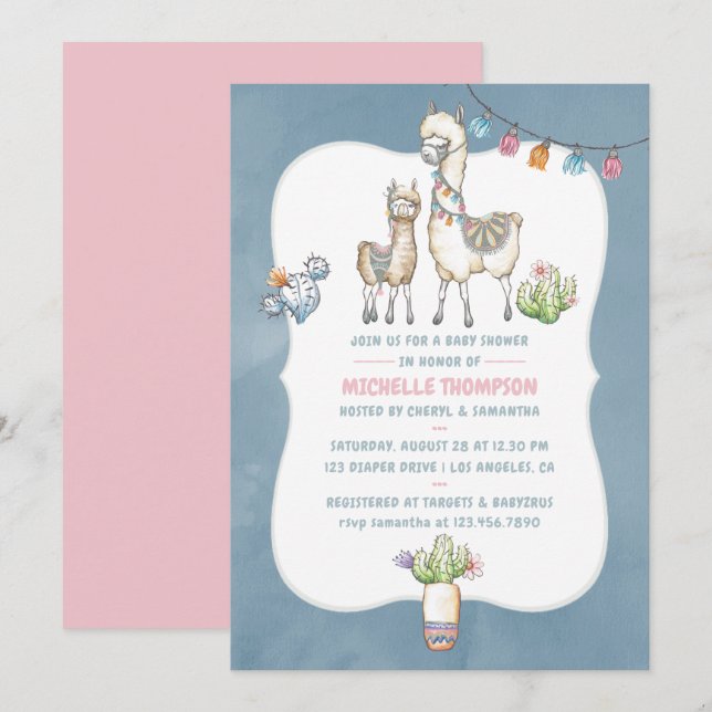Aquarelle Llama thème Baby shower Invitation (Devant / Derrière)