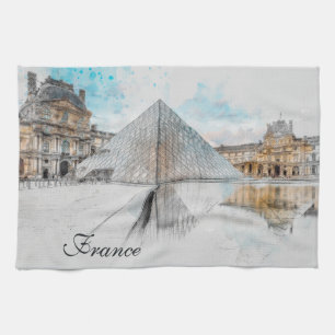 Aquarelle Louvre Paris France Serviette de cuisine