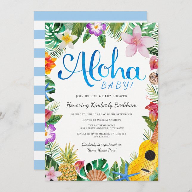 Aquarelle Luau Baby shower Invitation | Bleu (Devant / Derrière)