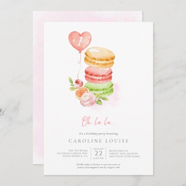 Aquarelle Macarons Baby Birthday Party Invitation (Devant / Derrière)
