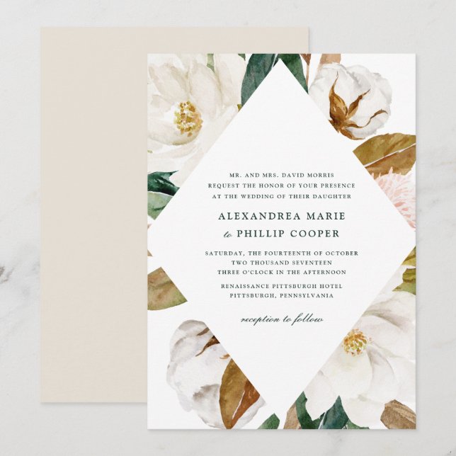 Aquarelle Magnolia Faire-part de mariage (Devant / Derrière)