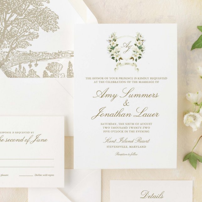 Aquarelle Magnolia Mariage Crest Invitation (Créateur téléchargé)