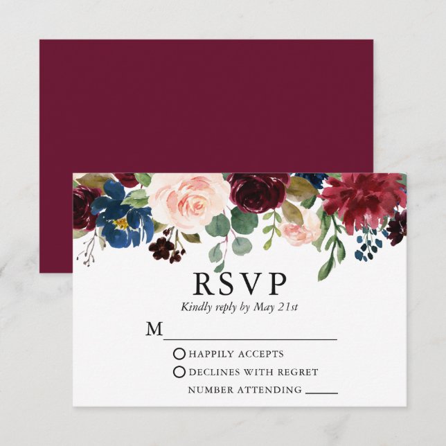 Aquarelle mariage Bourgogne bleu rose floral RSVP (Devant / Derrière)