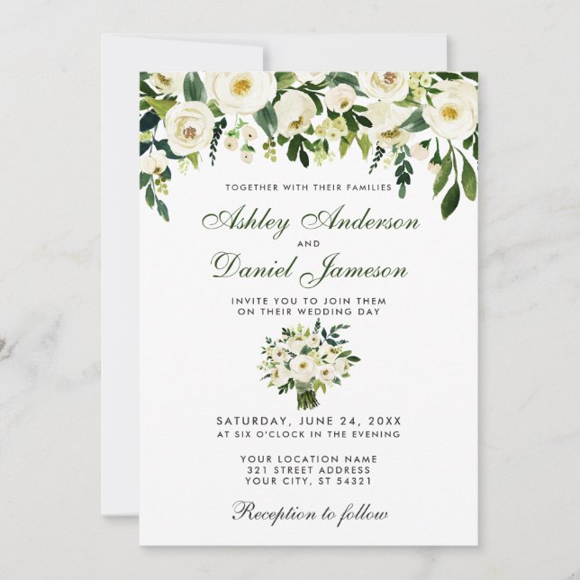 Aquarelle mariage Floral Vert Blanc Invitation W (Devant)