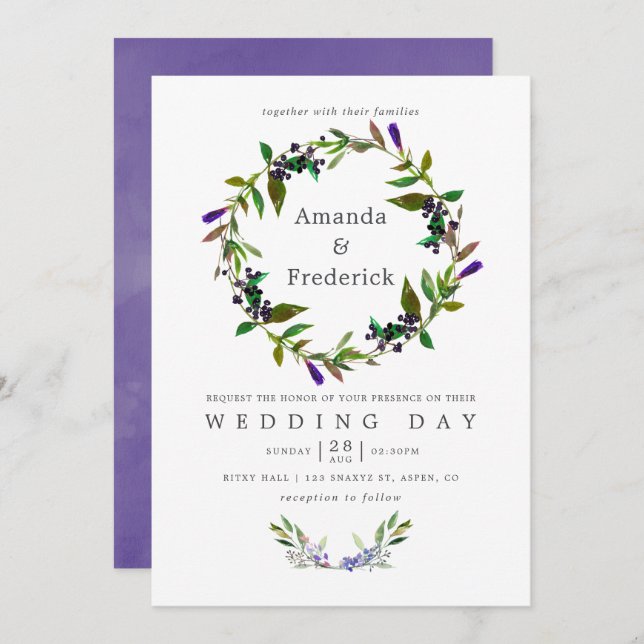 Aquarelle Mariage ultra violet Invitation florale (Devant / Derrière)