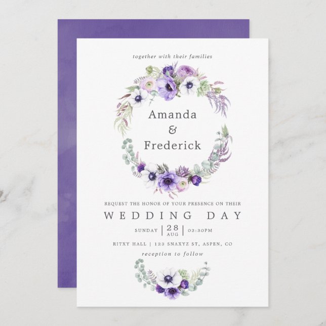 Aquarelle Mariage violet poussiéreuse Invitation f (Devant / Derrière)