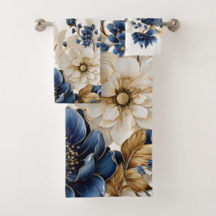 Aquarelle Marine Bleu Blanc Or Floral Argent