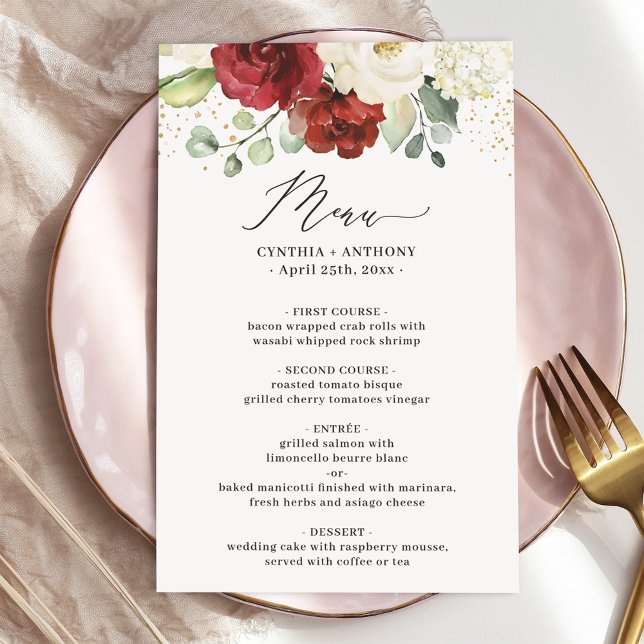 Aquarelle Maron Rouge Blanc Floral Mariage Menu (Créateur téléchargé)