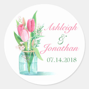 Aquarelle Mason Jar Tulips Mariage Favor Sticker