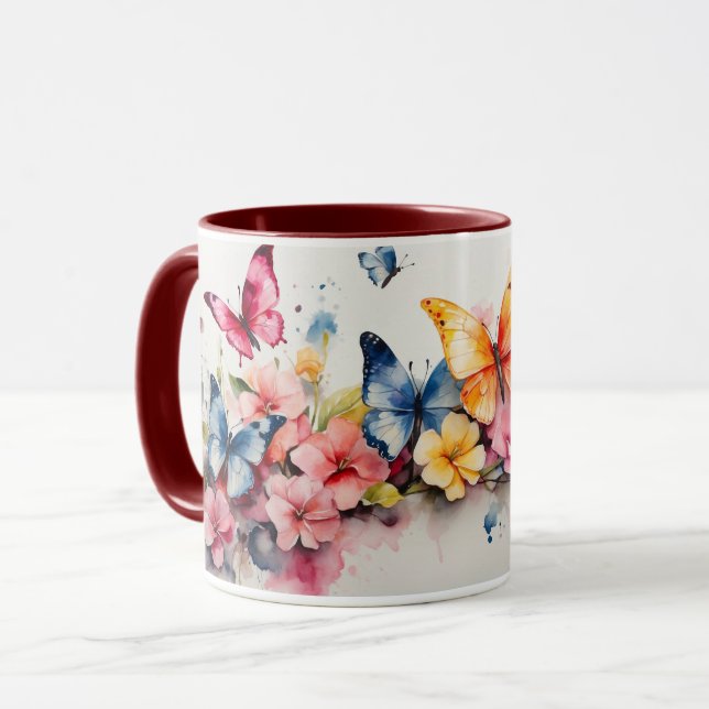 Aquarelle Mélange Beurre Maroon Fleurs Mug (Devant gauche)