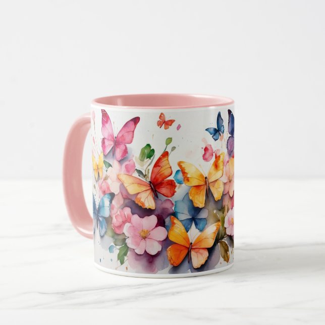 Aquarelle mignonne Papillon rose Fleur Mug (Devant gauche)
