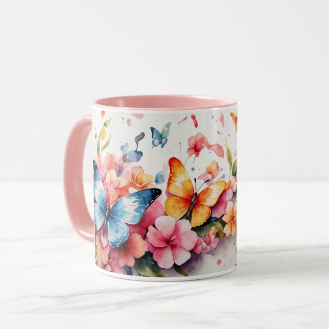 Aquarelle mignonne Papillon rose Fleur Mug (Devant gauche)