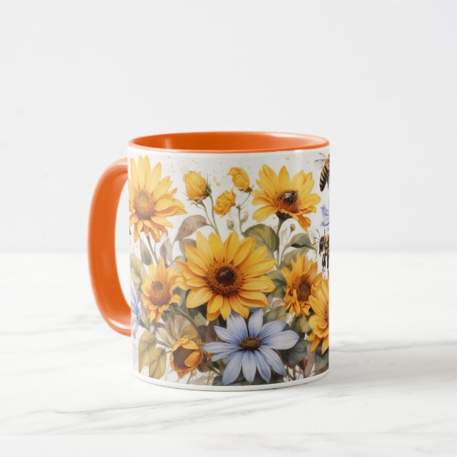 Aquarelle mignonne tournesol Bees Mug (Devant gauche)