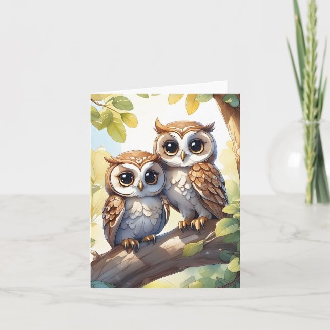 Aquarelle Mignons Kawaii Chibi Hiboux Carte de vœu (Devant)