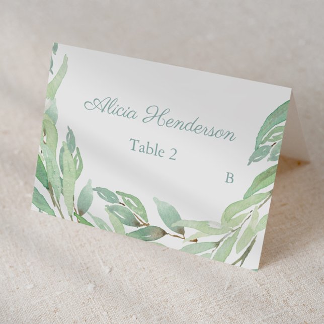 Aquarelle minimaliste Vert Baptême Carte Place (Individual place cards for wedding, baptism etc featuring pale green watercolor greenery border)