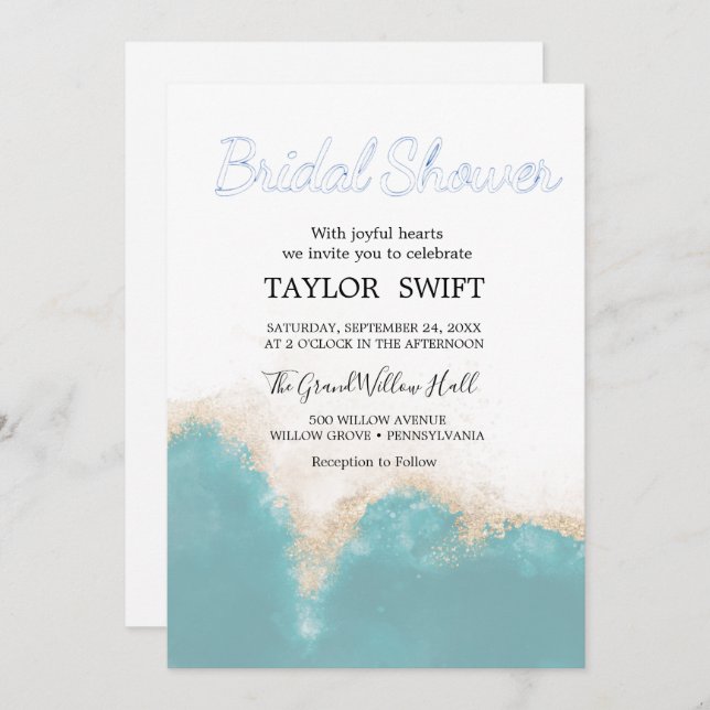 Aquarelle moderne Bleu Douche nuptiale Invitation (Devant / Derrière)