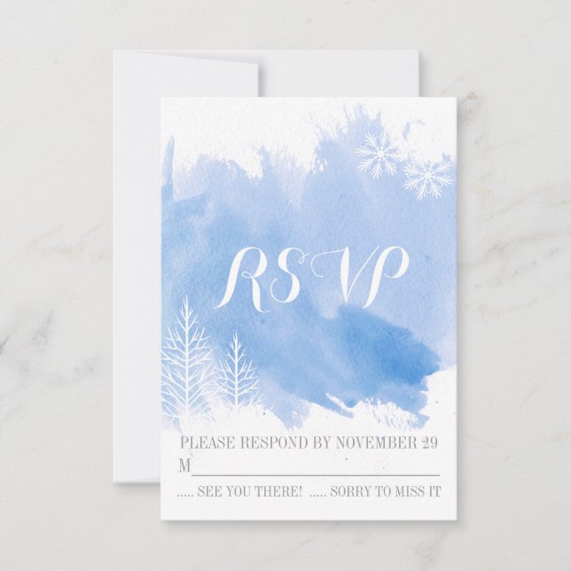 Aquarelle moderne bleu mariage d'hiver RSVP répons (Devant)