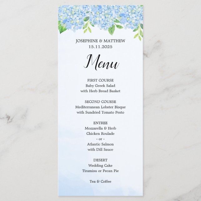 Aquarelle moderne Blue Hydrangea Menu Mariage (Devant)