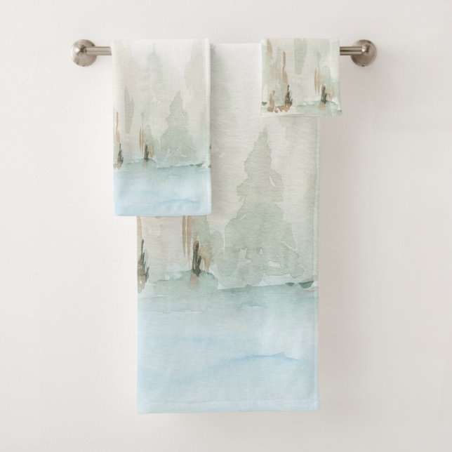 Aquarelle moderne Bois scène Serviette de bain ens (En situation)