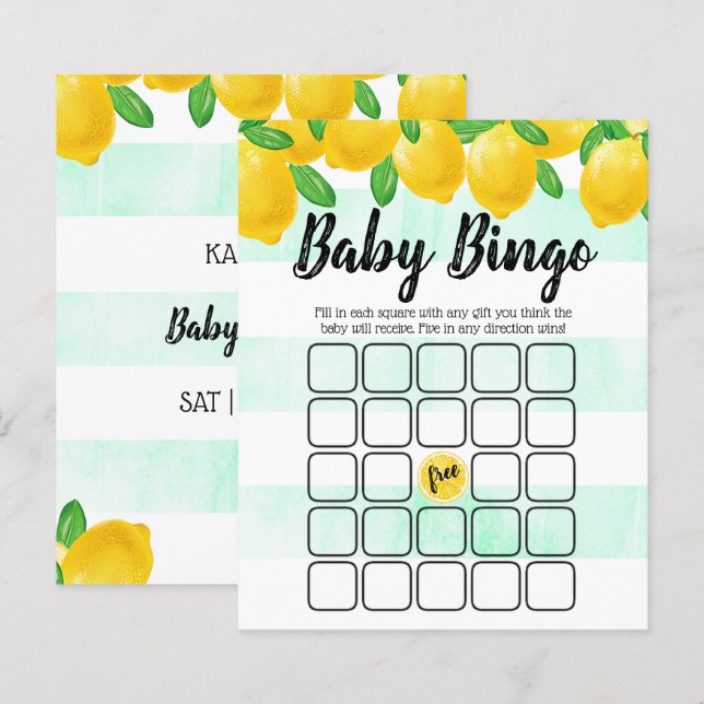 Aquarelle moderne citron Baby shower Bingo (Devant / Derrière)