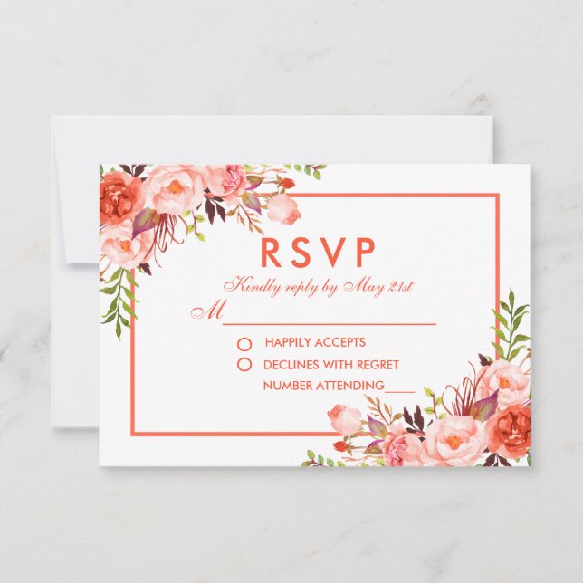 Aquarelle moderne Coral Floral RSVP Mariage (Devant)
