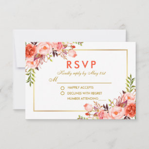 Aquarelle moderne Coral Floral RSVP Mariage Or