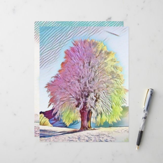Aquarelle moderne des arbres enneigés colorés (Devant/Arrière en situation)