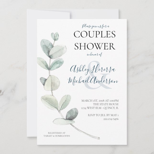 Aquarelle moderne Eucalyptus Couples Invitation do (Devant)