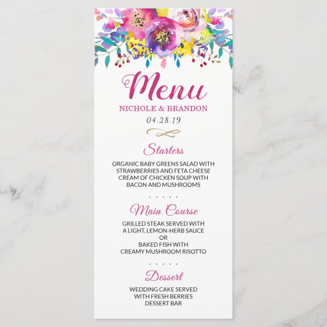 Aquarelle moderne Fuchsia Gold Floral Menu Mariage (Devant)