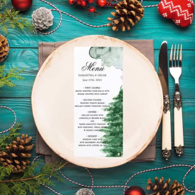 Aquarelle moderne Hiver Nature Arbres verts Menu (Créateur téléchargé)