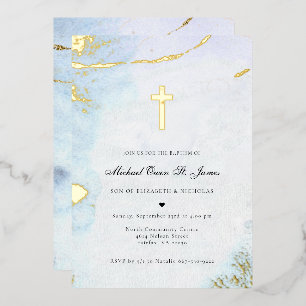 Aquarelle moderne Invitation Baptême Bleu & Or