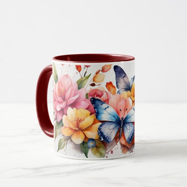 Aquarelle moderne mignonne Papillon Fleurs Mug (Devant gauche)